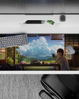 Summer calm anime girl desk pad 36x16 inches in soft tatami greens, warm wood, and cloud-filled sky.