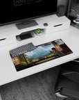 Anime girl desk mat 28x12 inches showing a girl relaxing by a window with fluffy clouds and snacks.