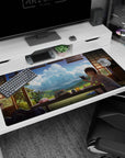 Anime girl by window in tatami room desk pad 40x20 inches, late-afternoon glow and fluffy clouds.