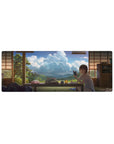 32x12 inches anime girl mouse pad with cozy tatami room, books, snacks, and big blue sky window.