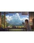 Anime girl desk pad 40x20 inches with cozy tatami room, books and snacks under a bright sky.