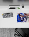 Cobalt and gold 14x10 inches anime mouse pad with dreamy creamy light, flying brass, and dust sparkles.