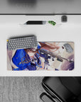 Cobalt and gold anime mouse pad 28x12 inches, dreamy creamy light, dust sparkles, flying brass.