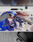 Cobalt and gold anime desk pad 40x20 inches with dreamy creamy light, dust sparkles, and flying brass.