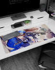 36x16 inches desk pad showing sharp-eyed anime officer girl, chestnut hair whipping back, rifle across.