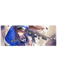 32x12 inches anime girl mouse pad with officer cap heroine, gold chains, pleated skirt, and rifle art.