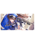 32x16 inches anime girl mouse pad with officer cap, gold chains, pleated skirt, and sleek rifle art.
