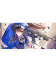 36x16 inches anime girl desk pad with cobalt officer cap, gold chains, pleated skirt, rifle accent.