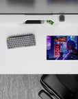 Purple-blue neon rain vibe anime mouse pad 14x10 inches, cozy late-night city glow aesthetic.