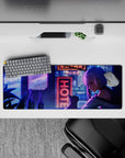32x12 inches neon purple-blue anime mouse pad with cozy late-night city glow and moody vibes.