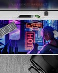 Moody purple-blue neon rain vibe anime desk pad 40x20 inches, cozy late-night city glow.