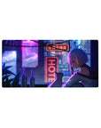 32x16 inches anime girl mouse pad with silver-haired girl and cat on a neon-lit rooftop city scene.