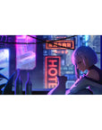 Anime girl desk pad 40x20 inches with silver-haired girl and cat on a neon-lit rooftop city scene.