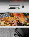 36x16 inches anime desk pad in warm gold lantern glow, coral and red accents, calm cute vibe.