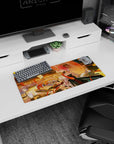 28x12 inches mouse pad featuring a pink-haired anime girl by the river, white dress, kimono jacket, red gloves.