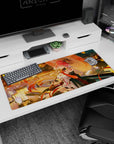 Pink-haired anime girl by rippling river with paper umbrella and red ribbons, desk pad 36x16 inches.