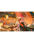 Anime girl desk pad 40x20 inches with pink-haired beauty by riverside lanterns and umbrella.