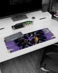Artistic 32x12 inches mouse pad with electrifying anime design, featuring glowing neon green and crimson eyes and dynamic motion for raw energy.