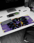 Artistic 36x16 inches mouse pad featuring high-intensity anime design, with neon green and crimson eyes, powerful motion, and mechanical force.