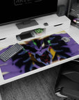 Large 40x20 inches mouse pad with electrifying anime design, showcasing neon green and crimson eyes, dynamic motion, and a powerful mechanical form.