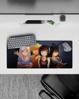 28x12 inches anime mouse pad with a cute, cozy vibe, silver blonde and dark hair popping on gray.