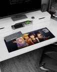 32x12 inches anime mouse pad showing four friends by the keyboard, cute outfits and a red heart wink.