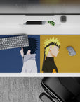 Navy and warm gold anime desk pad 36x16 inches, calm tense rivalry mood, smooth minimalist art.