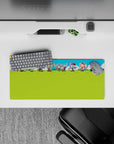 28x12 inches anime mouse pad in bright green and crisp blue, cute chibi battle vibe with playful motion.