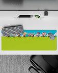 32x12 inches cute anime mouse pad in bright greens and crisp blues, pastel hair, playful marching energy.
