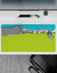 32x16 inches cute anime mouse pad in bright green and blue, pastel hair and playful battle energy.