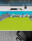 Cute battle anime desk pad 40x20 inches in bright greens and blues, upbeat pastel chibi vibe.