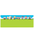 32x12 inches anime mouse pad with chibi squad sprinting in side-scroll across a green field and blue sky.