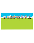 32x16 inches anime mouse pad with chibi squad running in a side-scroll lineup on a green field sky.