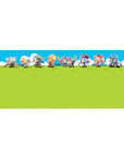 Anime desk pad 36x16 inches with chibi squad sprinting in a side-scroll lineup on a green field.