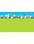 Anime desk pad 40x20 inches with chibi squad sprinting side-scroll on green field under blue sky.