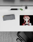 14x10 inches anime mouse pad in soft pinks and deep midnight tones, cute yet chaotic with crimson splashes.