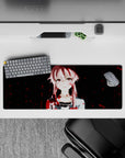 32x12 inches anime desk mat in soft pink and deep midnight tones with crimson splatter, cute-chaotic vibe.