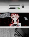 36x16 inches desk pad in midnight tones with pale pink hair and bold red splatter, cute-chaotic mood.