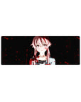 32x12 inches anime girl mouse pad with pink-haired girl, ribbon detail, and red splatter on dark background.