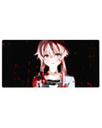 Anime girl gaming mouse pad 32x16 inches with pink-haired portrait, ribbon detail, and red splatter.
