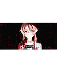 36x16 inches anime girl desk pad with pink-haired portrait, ribbon detail, and crimson splatter on dark.