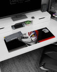 Artistic 32x12 inches mouse pad with Ichigo’s Shinigami and Hollow forms, featuring grayscale calm and golden-eyed chaos for a powerful design.