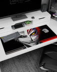 Artistic 36x16 inches mouse pad with Ichigo’s duality, featuring a sharp contrast between grayscale calm and golden-eyed chaos.