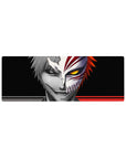 Compact 32x12 inches mouse pad with Ichigo’s duality, featuring a sharp contrast of grayscale calm and golden-eyed chaos for Bleach fans.