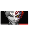 Mouse pad with Ichigo, 32x16 inches, showcasing his duality with half Shinigami, half Hollow, in a contrast of grayscale and chaos.
