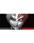 Mouse pad featuring Ichigo’s duality, 36x16 inches, with grayscale calm and golden-eyed chaos for an intense Bleach-inspired moment.