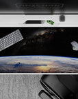 Velvet-black 40x20 inches desk pad in calm cool blues and pale whites, dotted stars and dreamy galaxy.