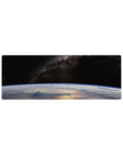 Space galaxy desk mouse pad 32x12 inches with starry sky, dusty galaxy band, and Earth horizon.