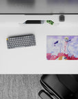 Blue-sky anime mouse pad 14x10 inches with soft clouds, bright white coat, bold red accents, heroic vibe.