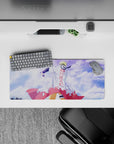 28x12 inches anime mouse pad in soft blue sky tones, bright white coat and bold red accents, inspiring vibe.